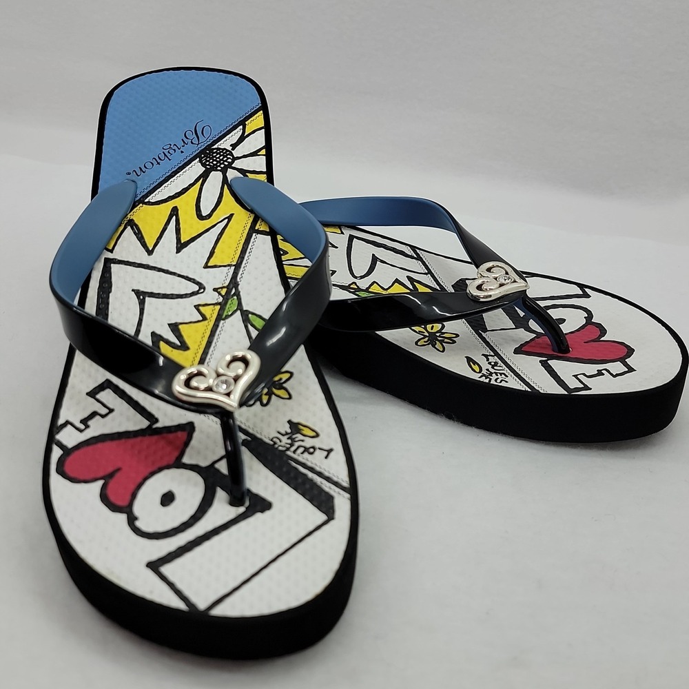 BRIGHTON Love Platform Sandals Thong Flip Flops Silver Heart Artsy Sz 10 Black
